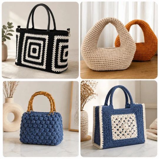 Mosaico de bolsos modernos a crochet