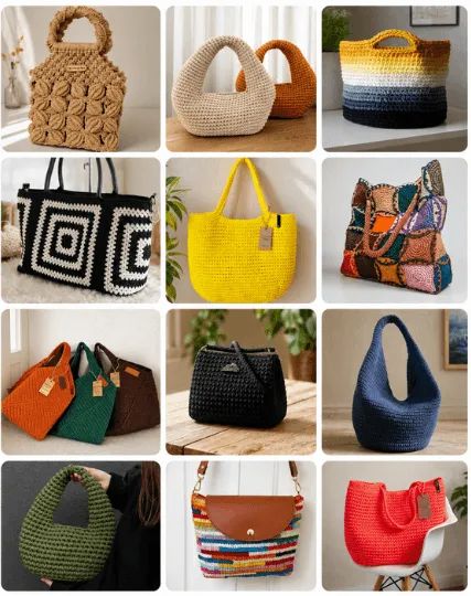 Mosaico con modelos de bolsos a crochet incluidos en la coleccion